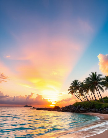 Tropical beach with palm trees at beautiful sunset in Maldives