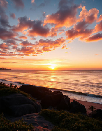 Beautiful sunset over the sea with clouds and rocks in the foregroundの写真素材