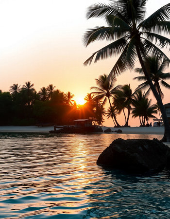 Beautiful sunset over the sea with palm trees. Maldives.