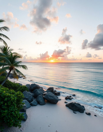 Tropical beach at sunset with palm trees and granite boulders