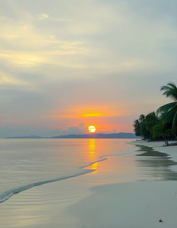 Beautiful sunset on the beach with coconut palm tree - Holiday Vacation concept