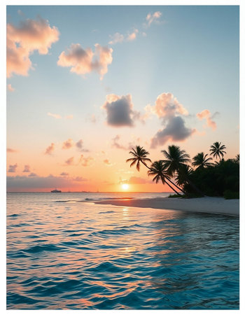 Tropical beach at sunset, Maldives. Collage.
