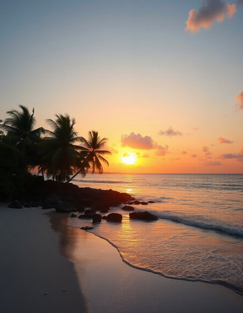 Beautiful sunset on the beach with palm trees and rocks, Seychellesの写真素材