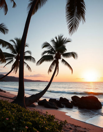 Palm trees on the beach at sunset, Koh Samui, Thailand