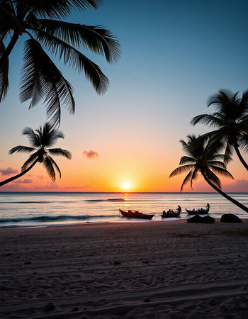 Silhouette of palm trees on the beach at beautiful sunset.