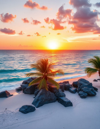 Beautiful tropical beach and sea with coconut palm tree at sunset time - Holiday Vacation concept