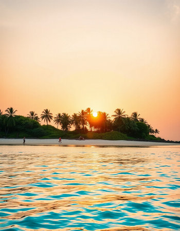 Beautiful tropical island with coconut palm tree at sunset time - Holiday Vacation concept