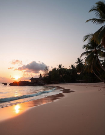 Tropical beach at sunset with coconut palm trees and bungalowsの写真素材