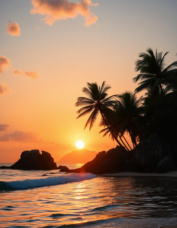 Beautiful sunset on the beach with palm trees.