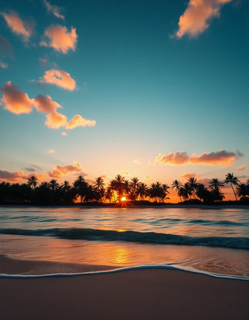 Beautiful sunset on the beach with palm trees and sea in the backgroundの写真素材