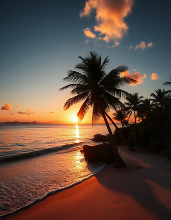 Tropical beach at sunset with palm trees and sunbeams