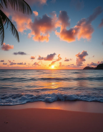 Tropical beach at beautiful sunset, Seychelles.