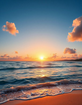 Beautiful sunset on the beach. Colorful sky and sea.