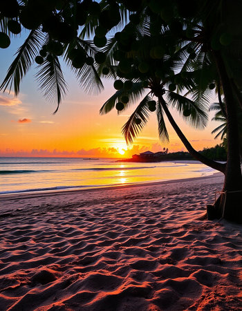 Tropical beach with palm trees at beautiful sunset, Sri Lanka