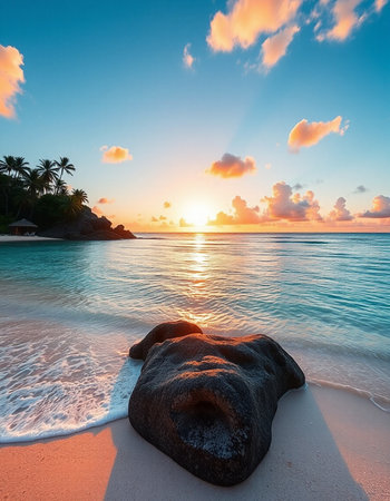 Tropical beach at beautiful sunset, Seychelles.の写真素材