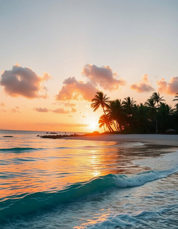 Beautiful sunset on the tropical beach with palm trees and sea wave