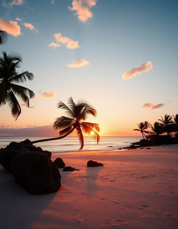 Beautiful sunset on the beach with palm trees silhouettes. Tropical background.