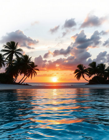 Beautiful tropical island with beach and sea around coconut palm tree at sunset