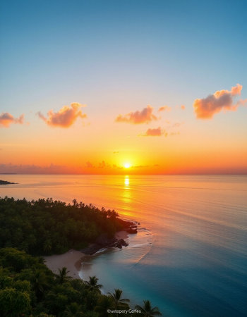 Aerial view of beautiful tropical beach and sea with coconut palm tree at sunset time for travel and...