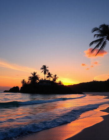 Sunset at the beach in the tropics with palm trees.