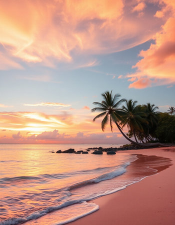 Beautiful tropical beach and sea with coconut palm tree at sunset time - Holiday Vacation conceptの写真素材