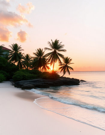 Beautiful tropical beach and sea with coconut palm tree at sunset time - Holiday Vacation concept