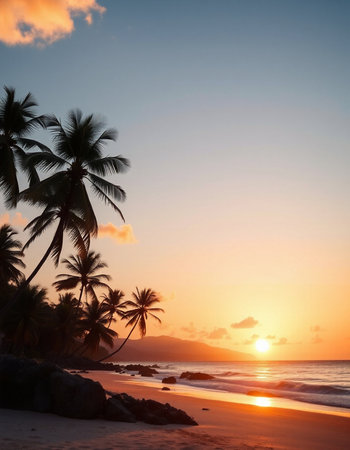 Tropical beach with coconut palm trees at sunset