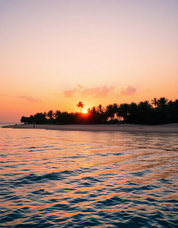 Beautiful sunset over the sea with palm trees. Maldives.の写真素材