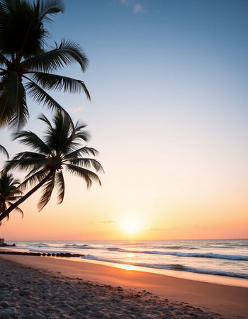 Beautiful tropical beach with coconut palm tree at sunset or sunrise time