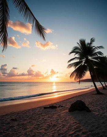 Beautiful sunset on the beach with palm trees.の写真素材