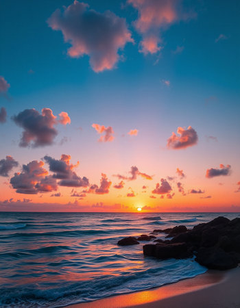 Beautiful sunset over the sea. Colorful sky with clouds. Sunset at the beachの写真素材