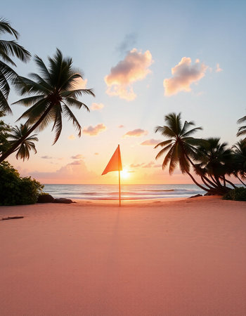 Beautiful tropical beach and sea with coconut palm tree at sunset timeの写真素材