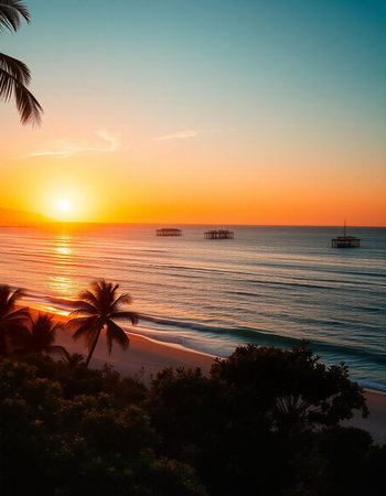 Beautiful sunset on the beach and sea with coconut palm tree - Vintage Filter