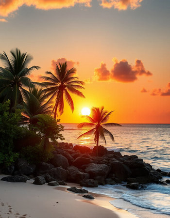 Beautiful tropical sunset on the beach with palm trees and rocks.