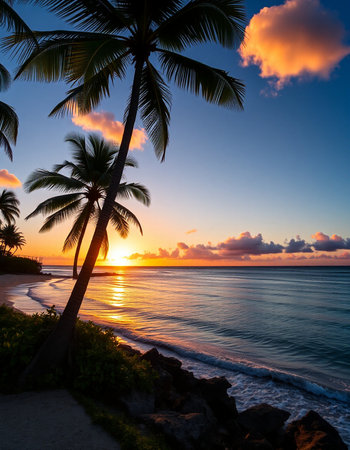 Beautiful sunset at the beach with palm trees in the foreground.