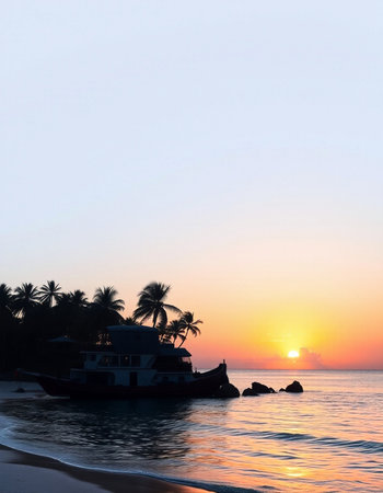 Silhouette of a fishing boat on the beach at sunset.