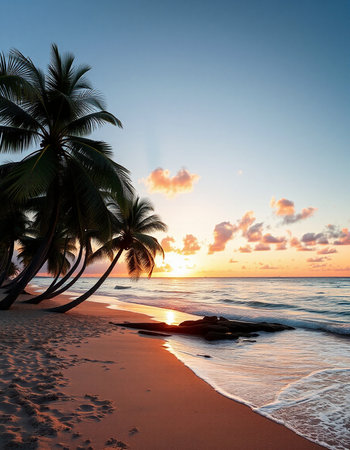 Beautiful tropical sunset on the beach with palm trees and sand.