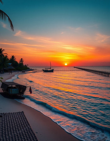 Beautiful sunset on the beach with a boat in the foreground.