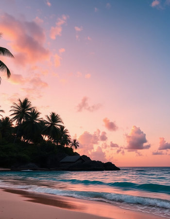 Tropical beach with palm trees at sunset, Seychelles