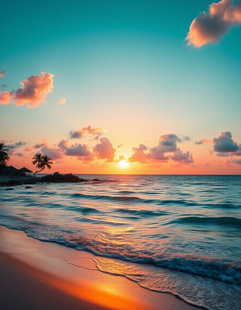 Beautiful sunset on the tropical beach. Colorful sky and sea