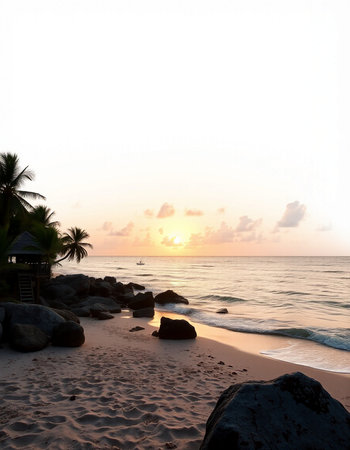 Beautiful sunset on the beach with rocks and palm trees in the foregroundの写真素材