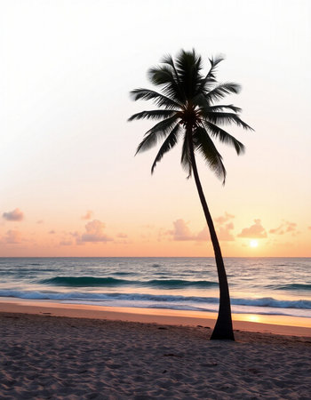 Silhouette of a palm tree on a tropical beach at sunsetの写真素材