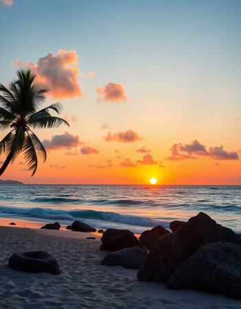 Beautiful tropical beach and sea with coconut palm tree at sunset time - Holiday Vacation concept