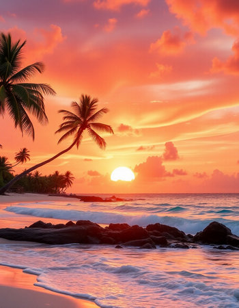 Beautiful tropical beach with coconut palm tree at sunset time. Nature backgroundの写真素材
