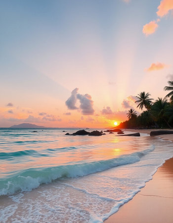 Beautiful tropical beach and sea with coconut palm tree at sunset time - Holiday Vacation concept
