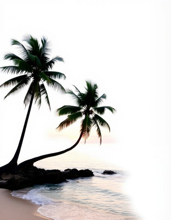 Palm trees on a tropical beach in the morning with white backgroundの写真素材