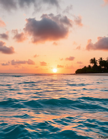 Beautiful sunset over the ocean with palm trees. Maldives.の写真素材