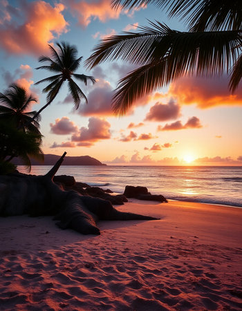 Tropical beach with palm trees at sunset, Seychellesの写真素材