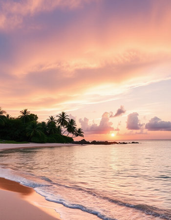 Beautiful sunset on the beach with palm trees.の写真素材