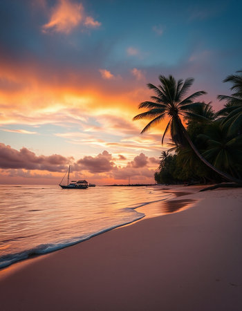 Beautiful sunset on a tropical beach with palm trees and a boat